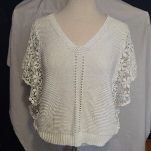 Democracy White V-Neck Sweater with Lace Sleeves